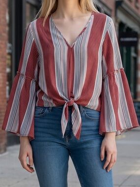lavender field Red and White Striped Tie-Front Bell Sleeve Blouse